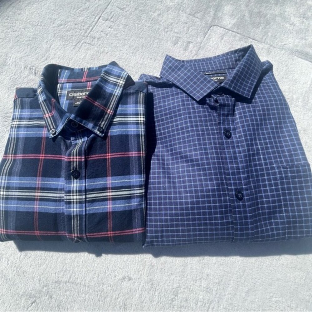 Claiborne Men's Blue and Blue/Red Plaid Slim Fit Dress Shirts Set 2